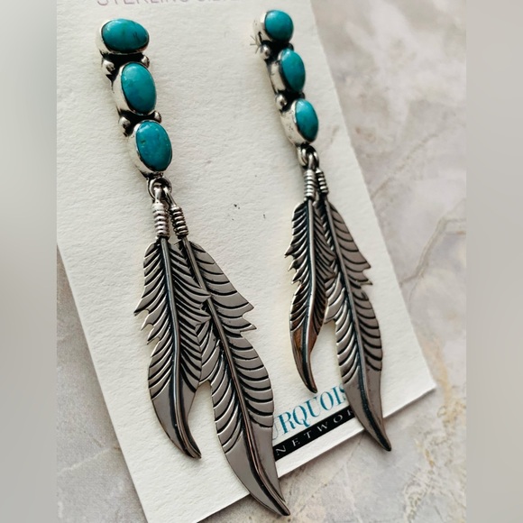 Sterling Silver and Turquoise Feather Dangle Earrings - Picture 4 of 8